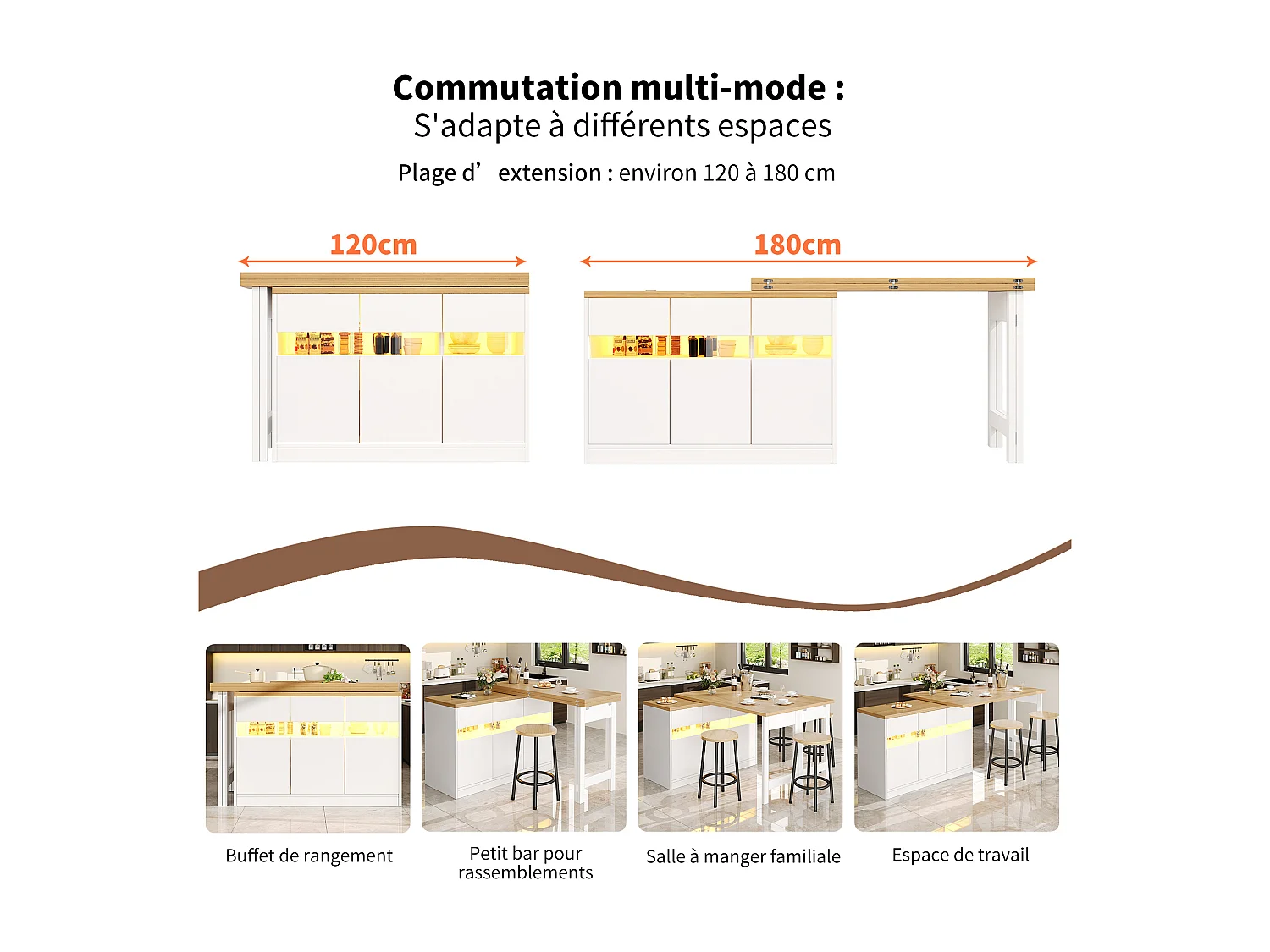 Ausziehbarer Bartisch – 120/180 x 75,8 cm – mit LEDs + 3 Türen – 360° drehbar – MDF – weiß + natur