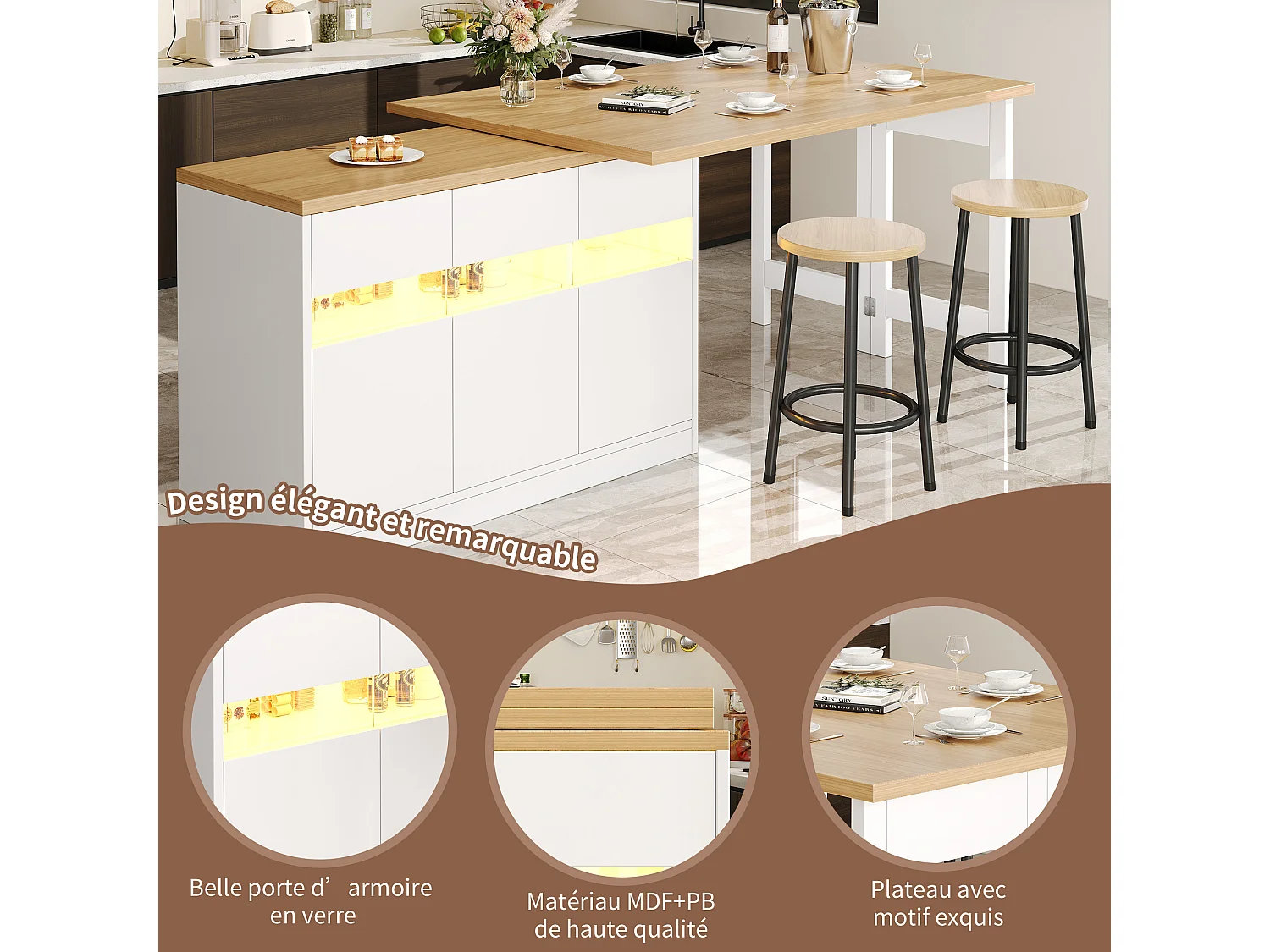 Ausziehbarer Bartisch – 120/180 x 75,8 cm – mit LEDs + 3 Türen – 360° drehbar – MDF – weiß + natur
