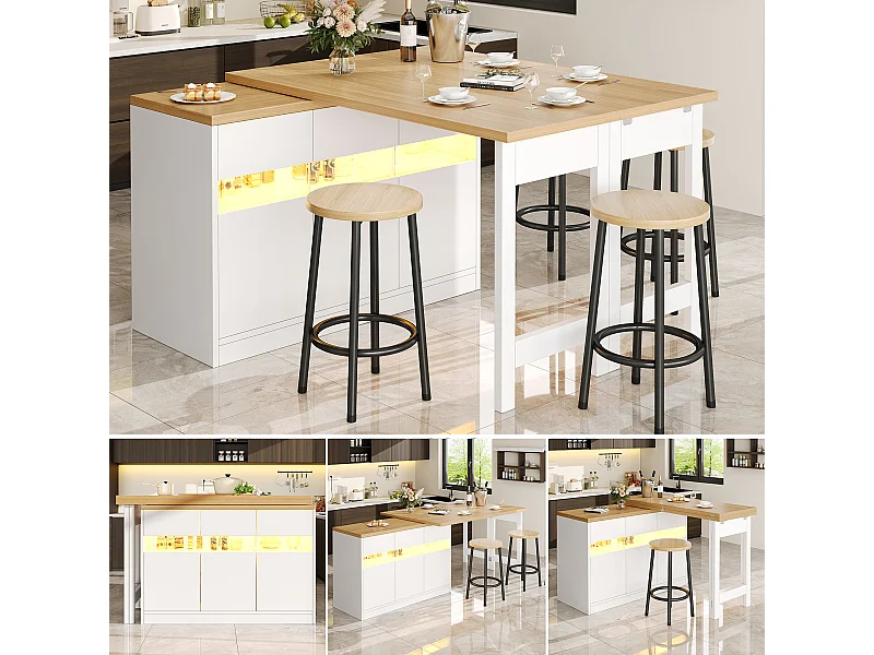 Ausziehbarer Bartisch – 120/180 x 75,8 cm – mit LEDs + 3 Türen – 360° drehbar – MDF – weiß + natur