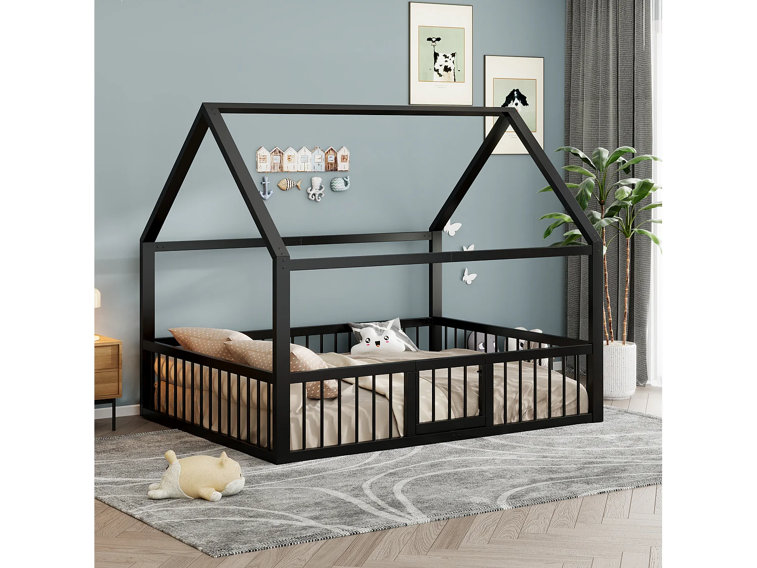 Lit plat en métal pour enfant - 140 x 200 cm - avec toit + Barrières de sécurité + porte - noir