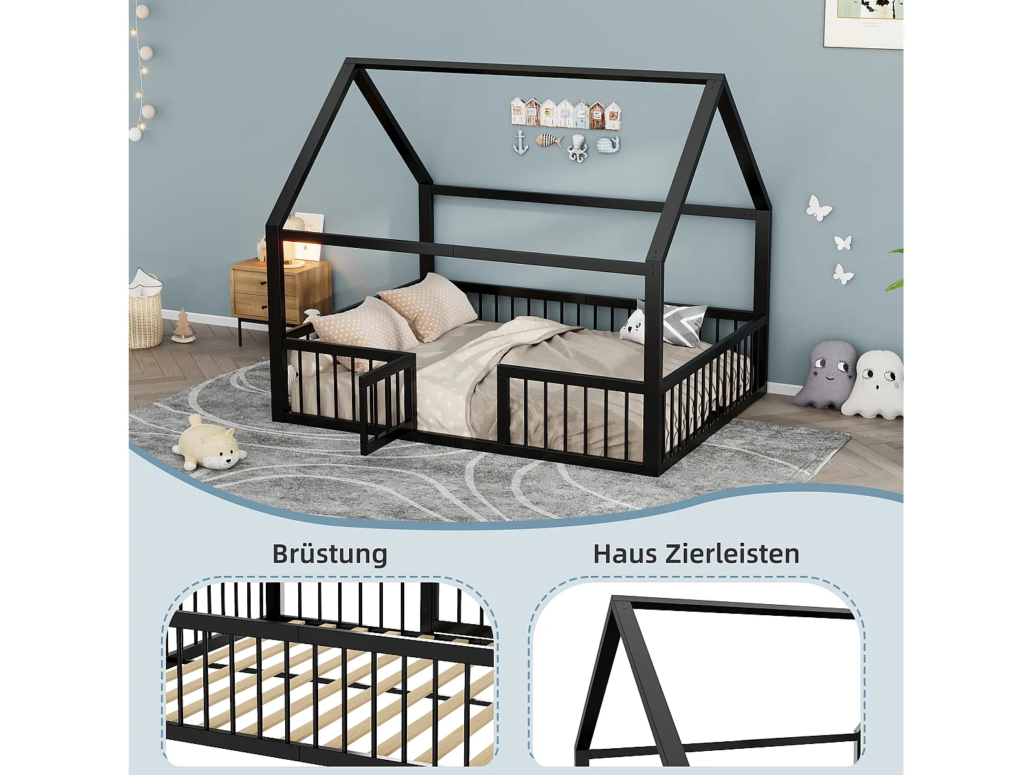 Lit plat en métal pour enfant - 140 x 200 cm - avec toit + Barrières de sécurité + porte - noir