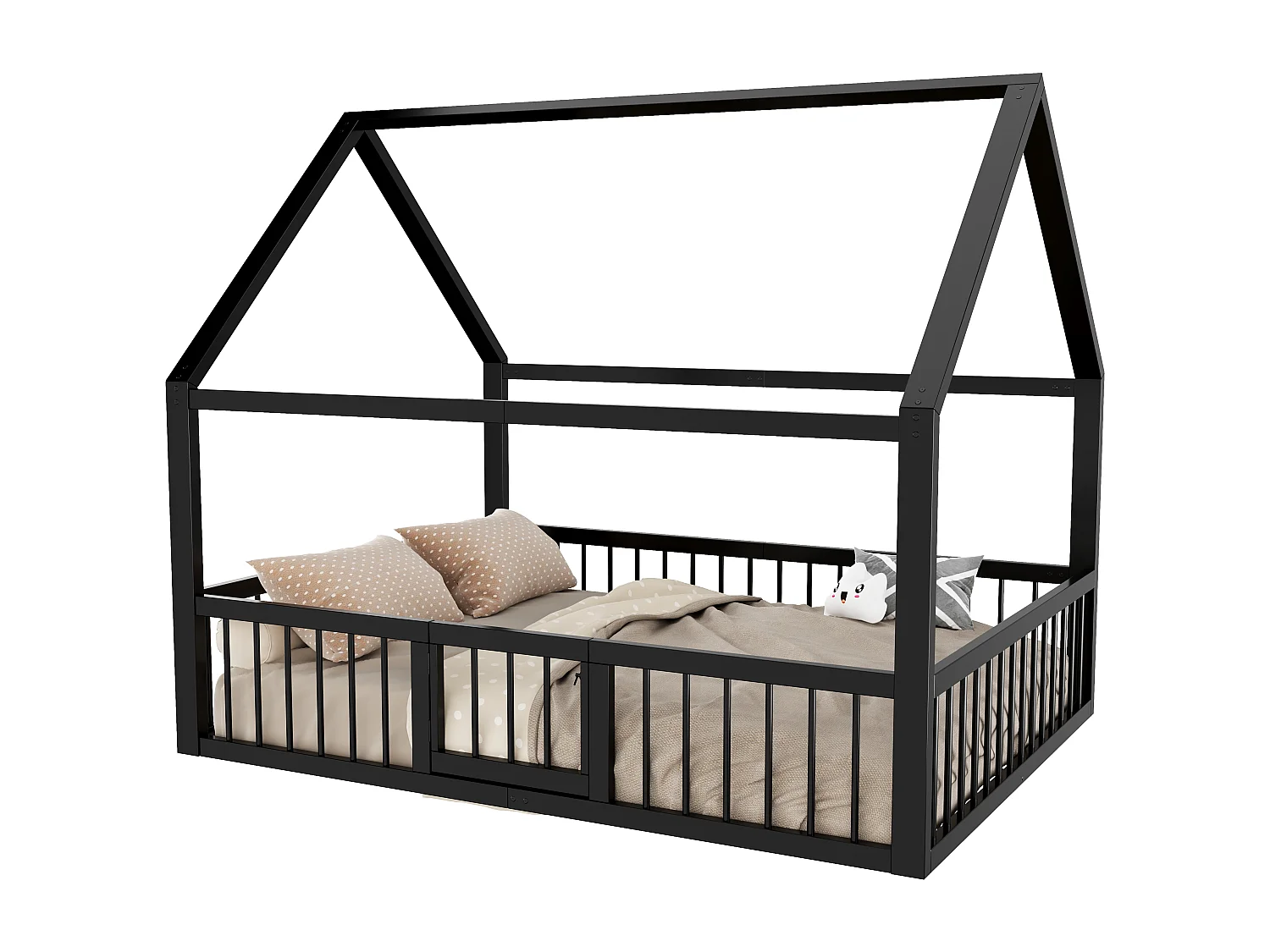 Lit plat en métal pour enfant - 140 x 200 cm - avec toit + Barrières de sécurité + porte - noir