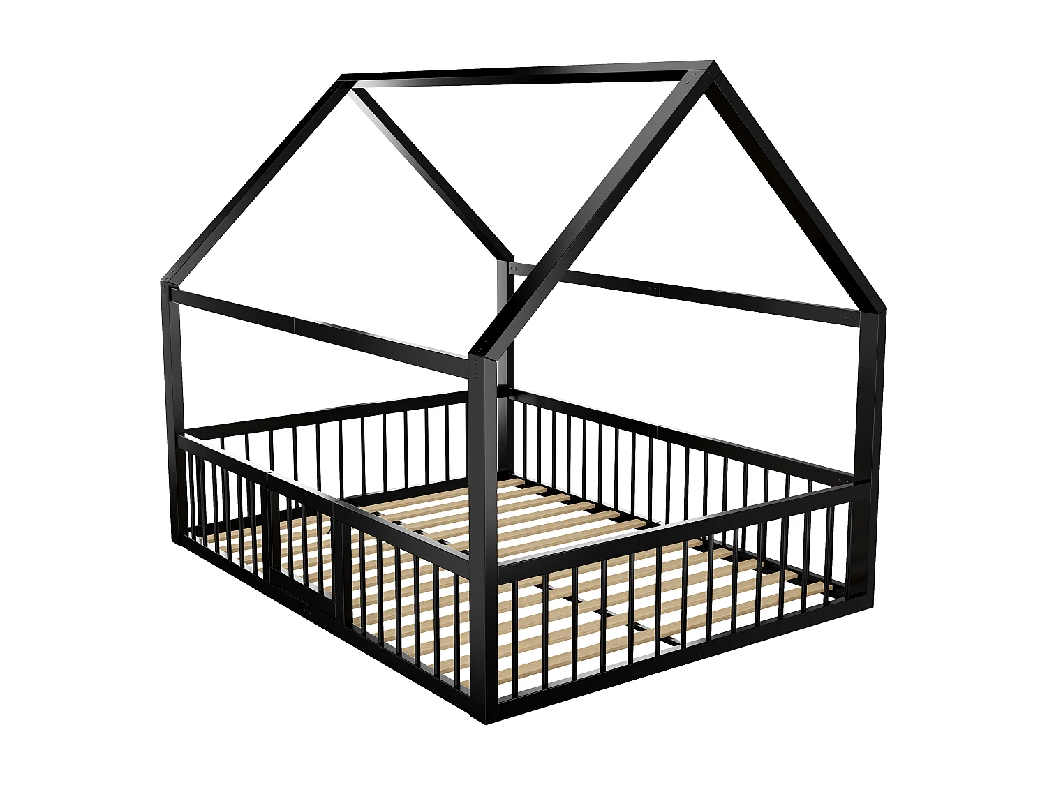 Lit plat en métal pour enfant - 140 x 200 cm - avec toit + Barrières de sécurité + porte - noir