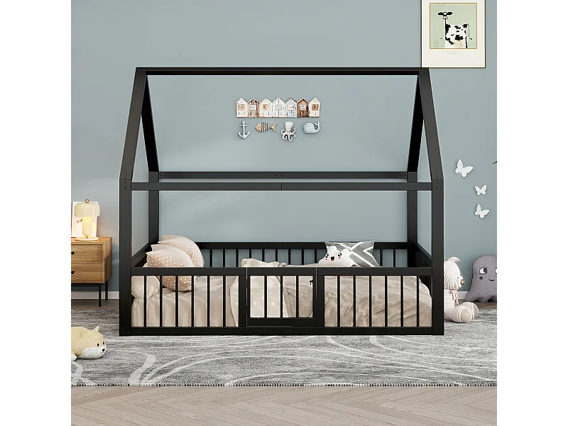 Lit plat en métal pour enfant - 140 x 200 cm - avec toit + Barrières de sécurité + porte - noir