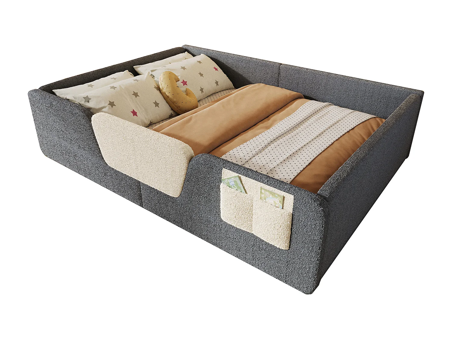 Lit capitonné pour enfant - 140 x 190 cm - avec barrières de sécurité amovibles + sac de rangement en tissu - velours - gris