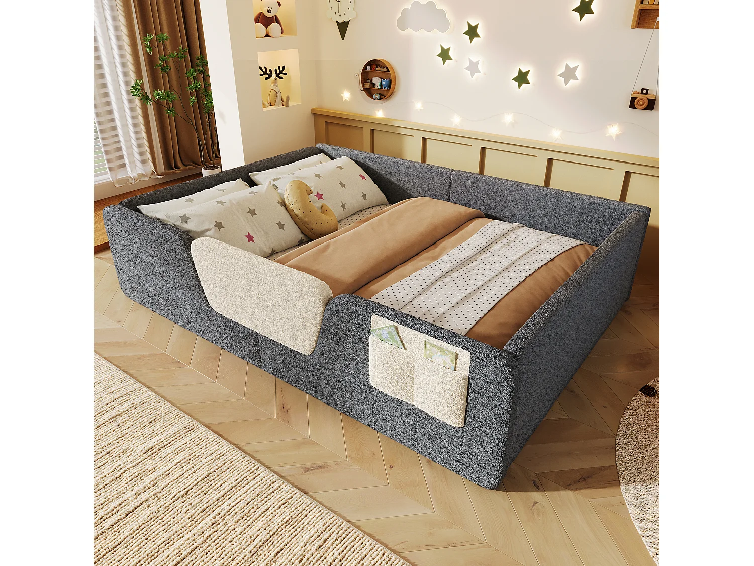 Gepolstertes Kinderbett – 140 x 190 cm – mit abnehmbaren Sicherheitsgittern + Aufbewahrungstasche aus Samt – grau
