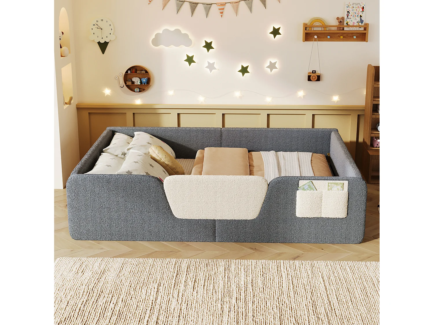 Gepolstertes Kinderbett – 140 x 190 cm – mit abnehmbaren Sicherheitsgittern + Aufbewahrungstasche aus Samt – grau
