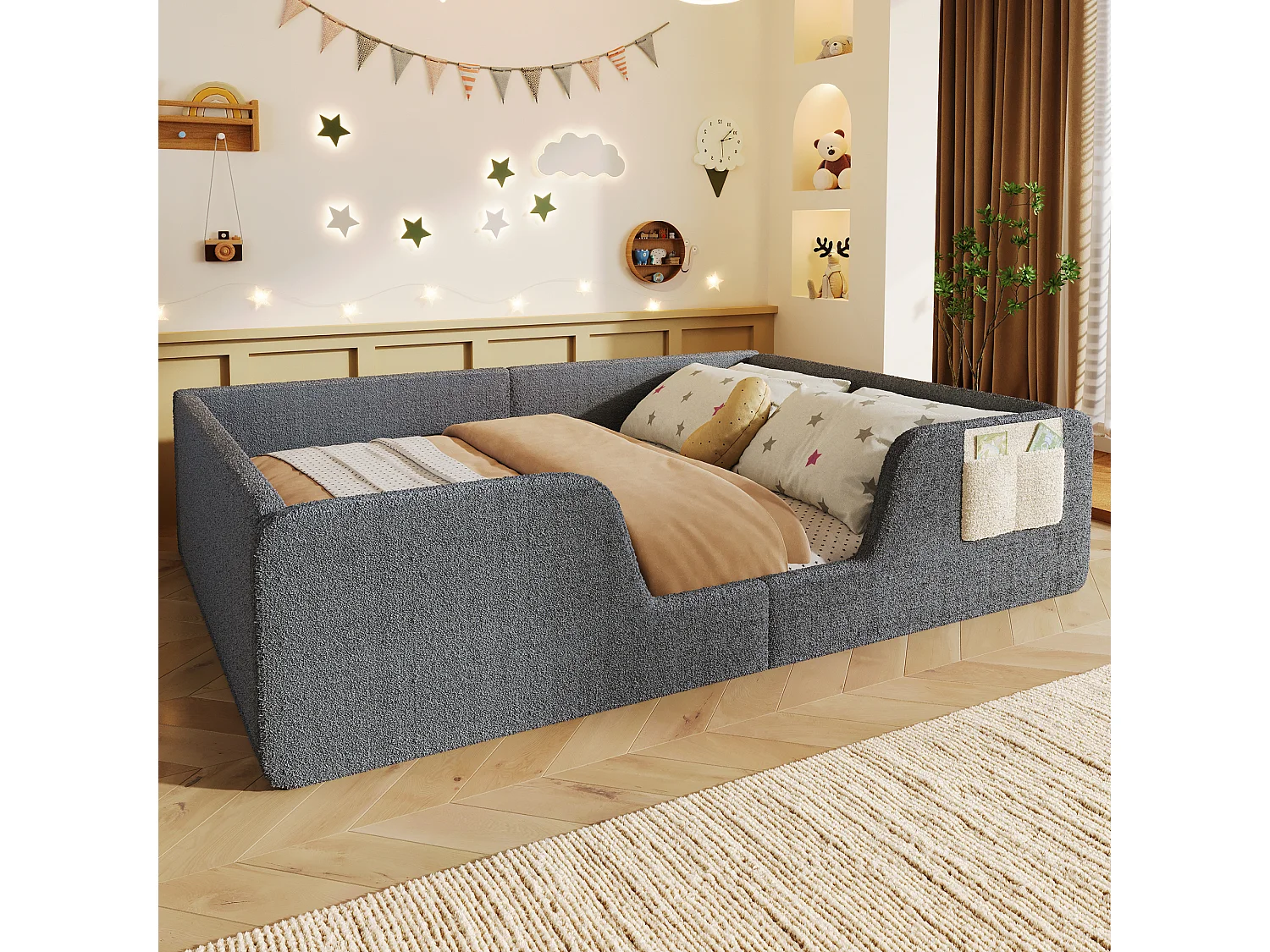 Gepolstertes Kinderbett – 140 x 190 cm – mit abnehmbaren Sicherheitsgittern + Aufbewahrungstasche aus Samt – grau