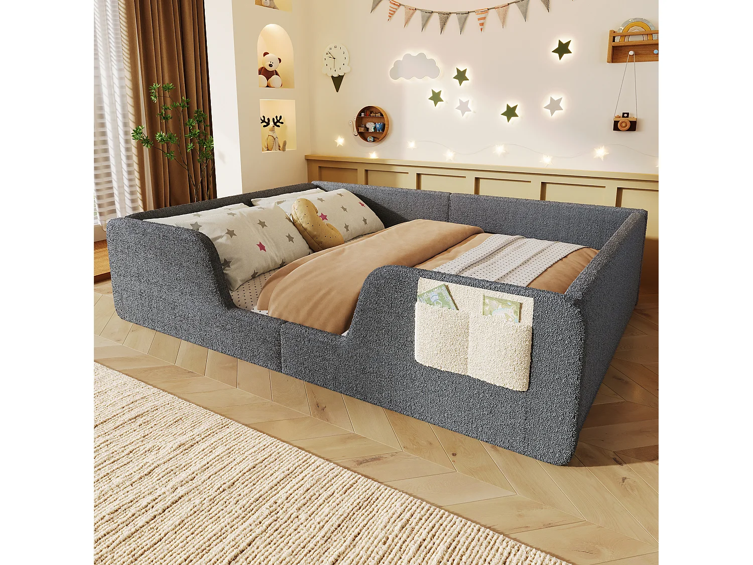 Gepolstertes Kinderbett – 140 x 190 cm – mit abnehmbaren Sicherheitsgittern + Aufbewahrungstasche aus Samt – grau