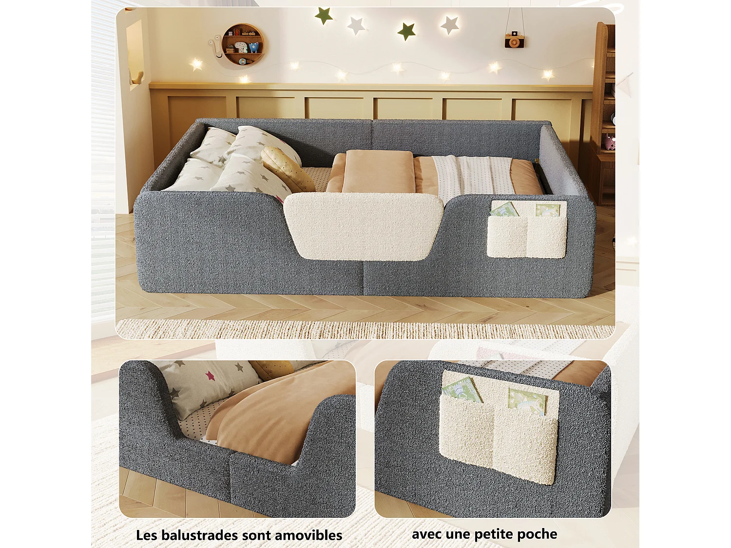Gepolstertes Kinderbett – 140 x 190 cm – mit abnehmbaren Sicherheitsgittern + Aufbewahrungstasche aus Samt – grau
