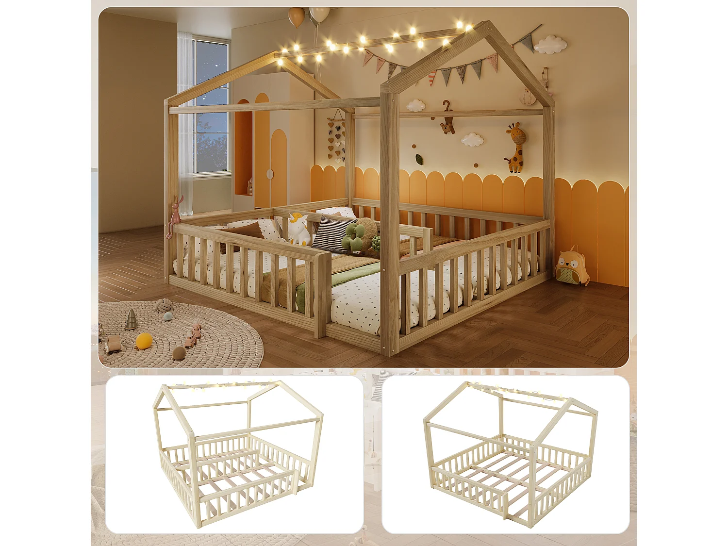 Lit plat pour enfant - 2 x 90 x 190 cm/ 180 x 190 cm - avec barrière de sécurité + Leds - style minimaliste - bois - naturel