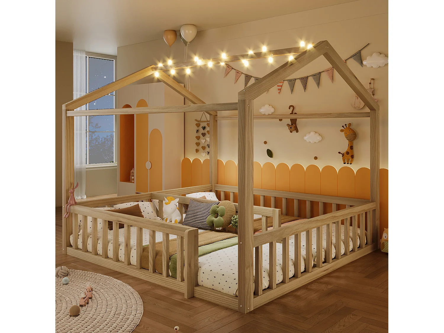 Lit plat pour enfant - 2 x 90 x 190 cm/ 180 x 190 cm - avec barrière de sécurité + Leds - style minimaliste - bois - naturel