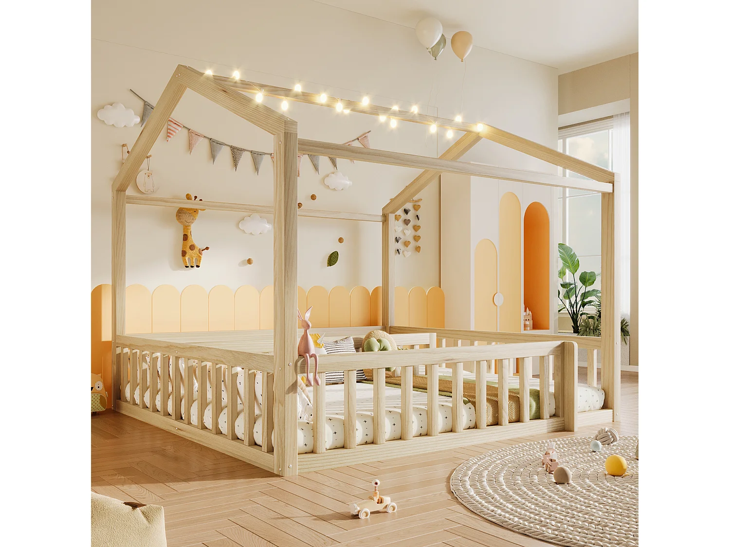Lit plat pour enfant - 2 x 90 x 190 cm/ 180 x 190 cm - avec barrière de sécurité + Leds - style minimaliste - bois - naturel