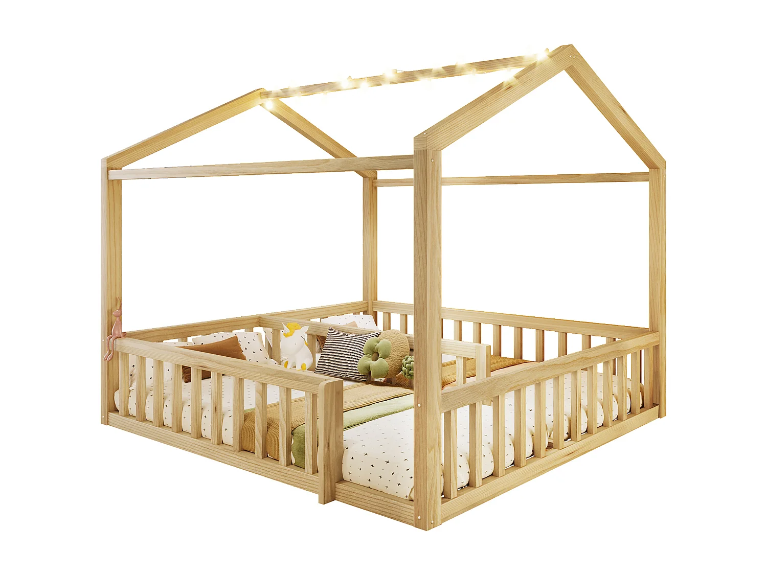 Lit plat pour enfant - 2 x 90 x 190 cm/ 180 x 190 cm - avec barrière de sécurité + Leds - style minimaliste - bois - naturel