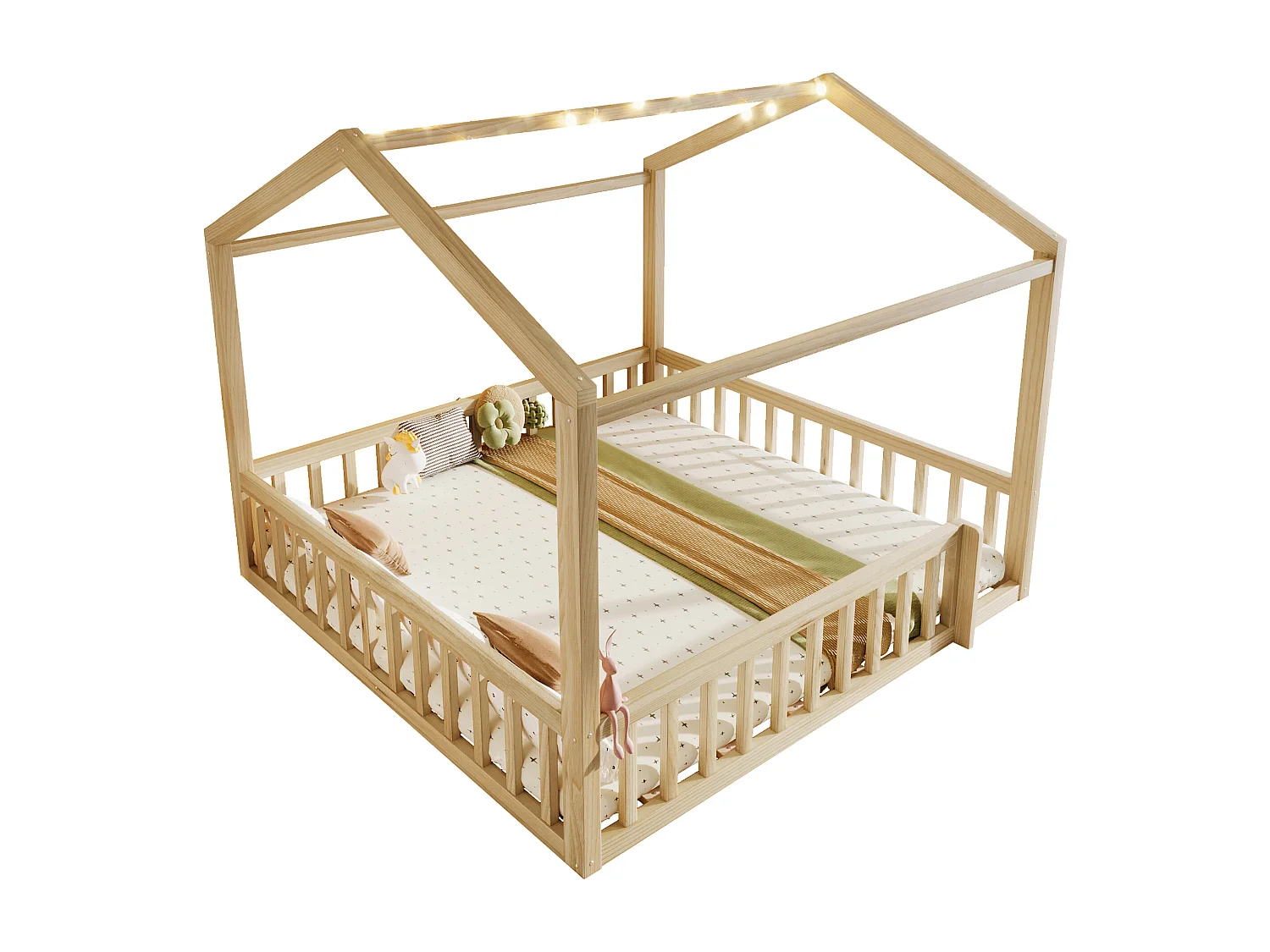 Lit plat pour enfant - 2 x 90 x 190 cm/ 180 x 190 cm - avec barrière de sécurité + Leds - style minimaliste - bois - naturel