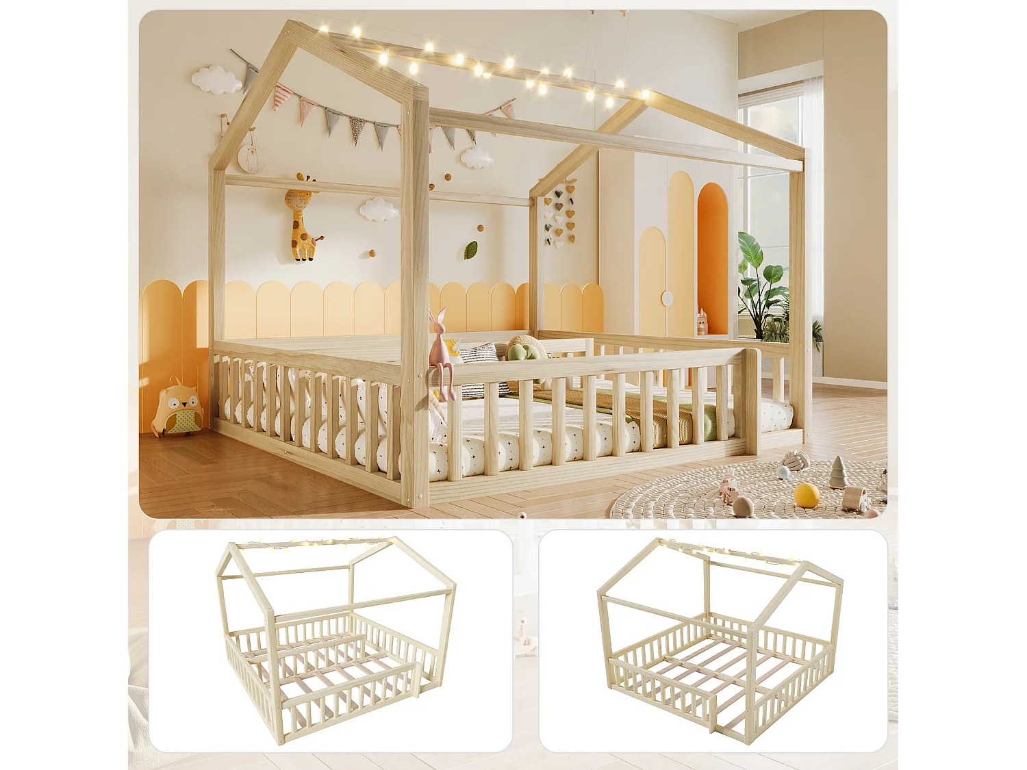 Lit plat pour enfant - 2 x 90 x 190 cm/ 180 x 190 cm - avec barrière de sécurité + Leds - style minimaliste - bois - naturel