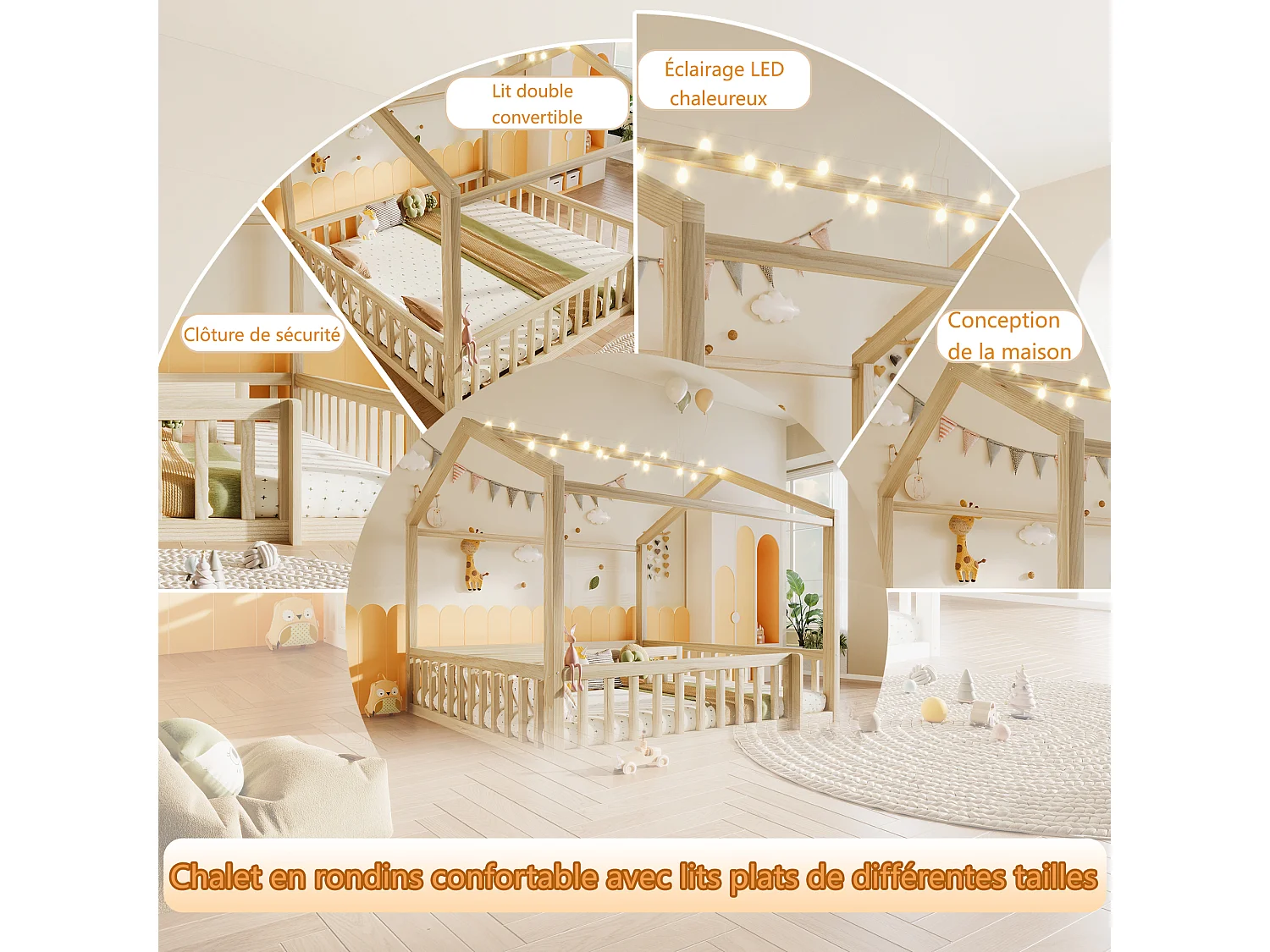 Lit plat pour enfant - 2 x 90 x 190 cm/ 180 x 190 cm - avec barrière de sécurité + Leds - style minimaliste - bois - naturel