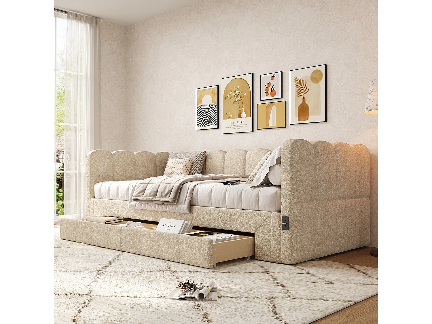 Canapé-lit capitonné pour enfant - 90/180 x 200 cm - avec 2 tiroirs + port USB - Chenille - beige