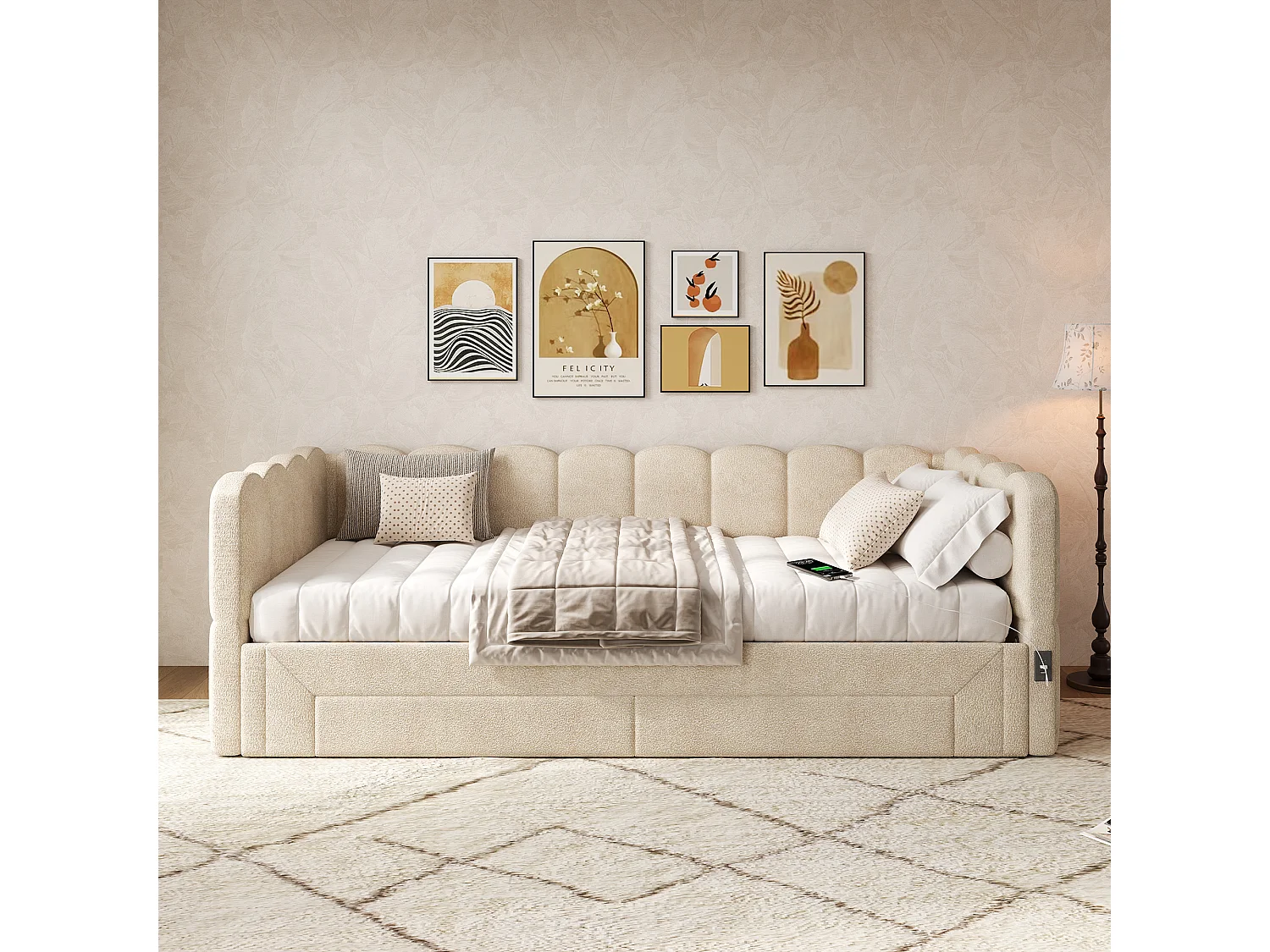Canapé-lit capitonné pour enfant - 90/180 x 200 cm - avec 2 tiroirs + port USB - Chenille - beige
