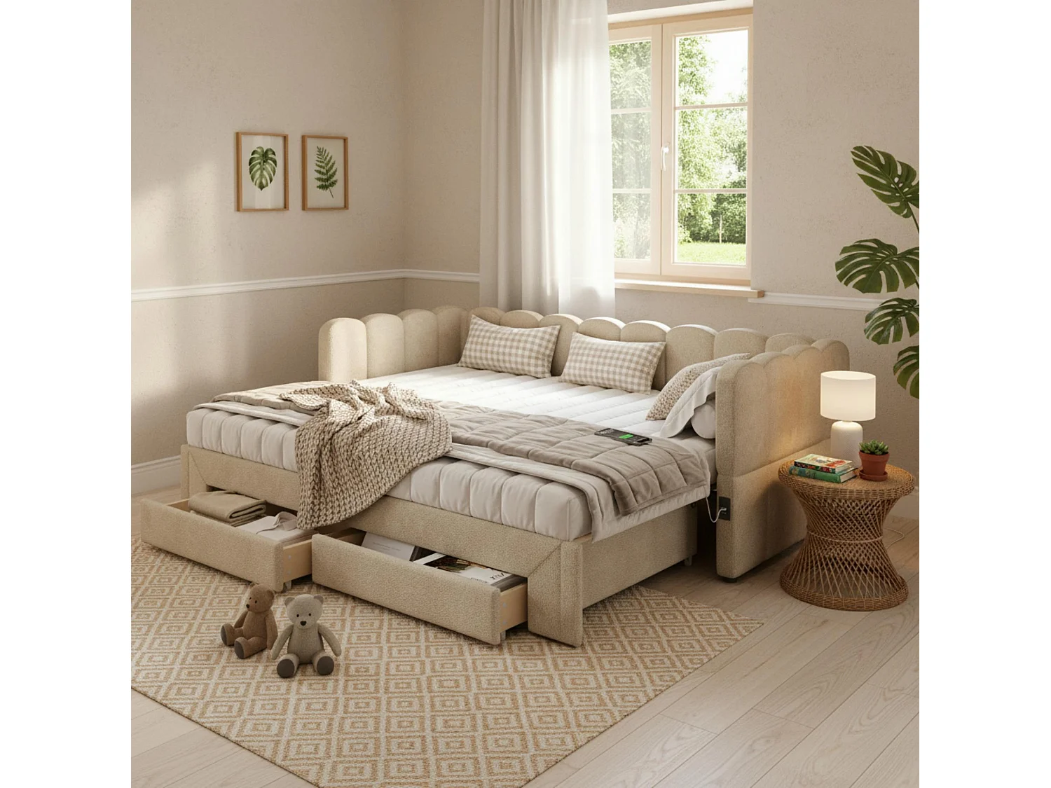 Canapé-lit capitonné pour enfant - 90/180 x 200 cm - avec 2 tiroirs + port USB - Chenille - beige