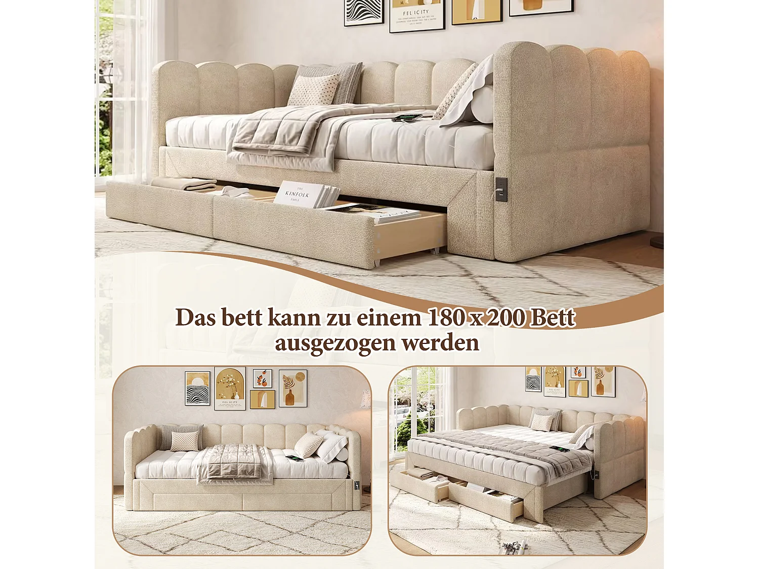 Canapé-lit capitonné pour enfant - 90/180 x 200 cm - avec 2 tiroirs + port USB - Chenille - beige