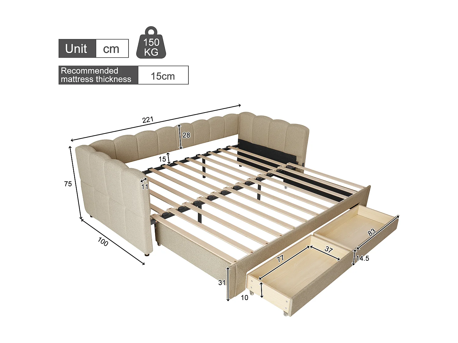 Canapé-lit capitonné pour enfant - 90/180 x 200 cm - avec 2 tiroirs + port USB - Chenille - beige