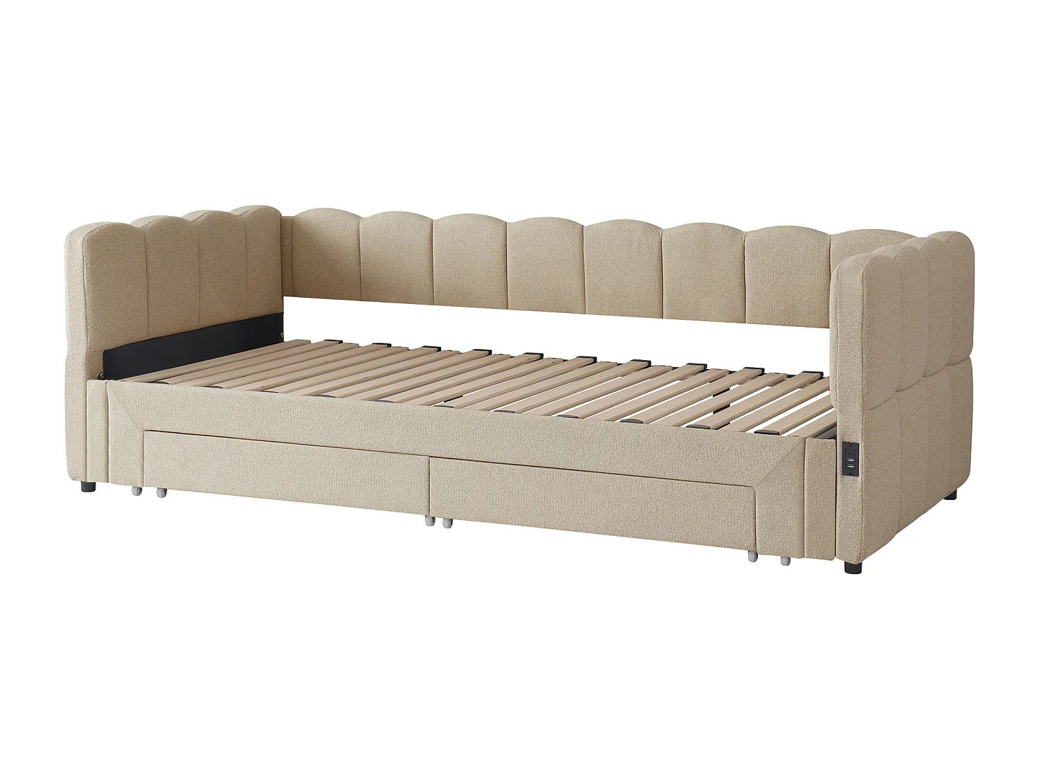 Canapé-lit capitonné pour enfant - 90/180 x 200 cm - avec 2 tiroirs + port USB - Chenille - beige