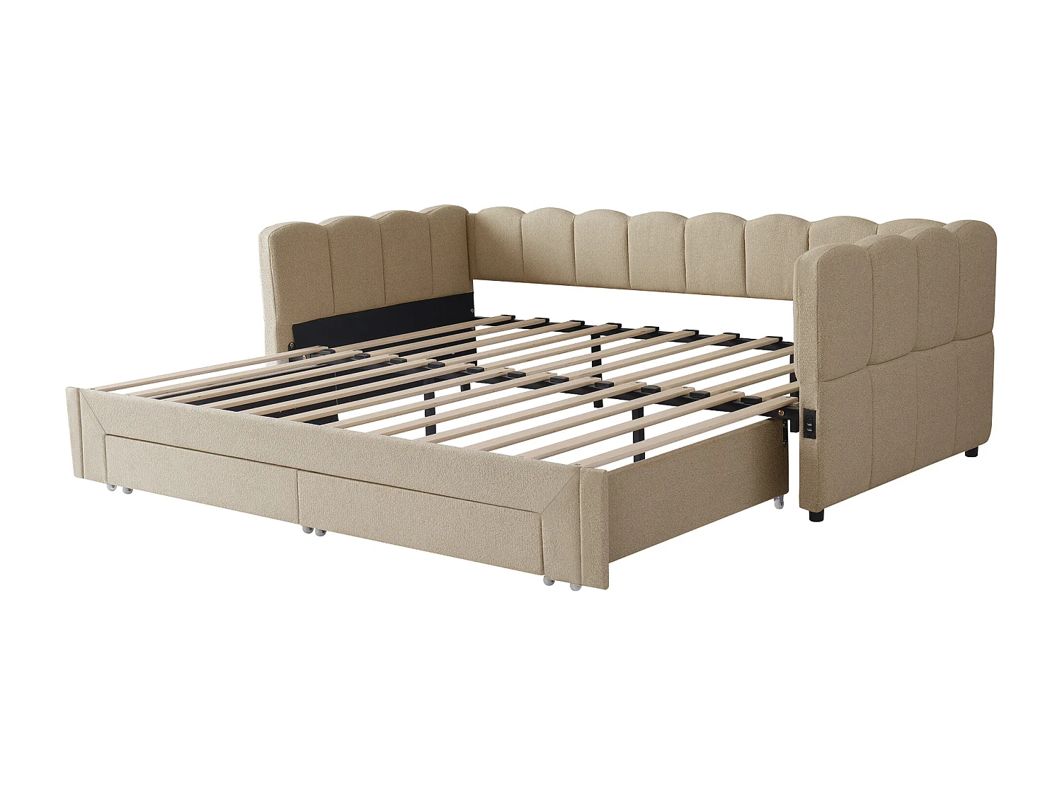 Canapé-lit capitonné pour enfant - 90/180 x 200 cm - avec 2 tiroirs + port USB - Chenille - beige