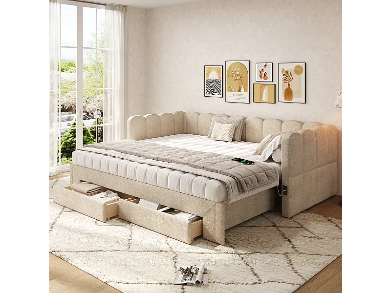 Canapé-lit capitonné pour enfant - 90/180 x 200 cm - avec 2 tiroirs + port USB - Chenille - beige