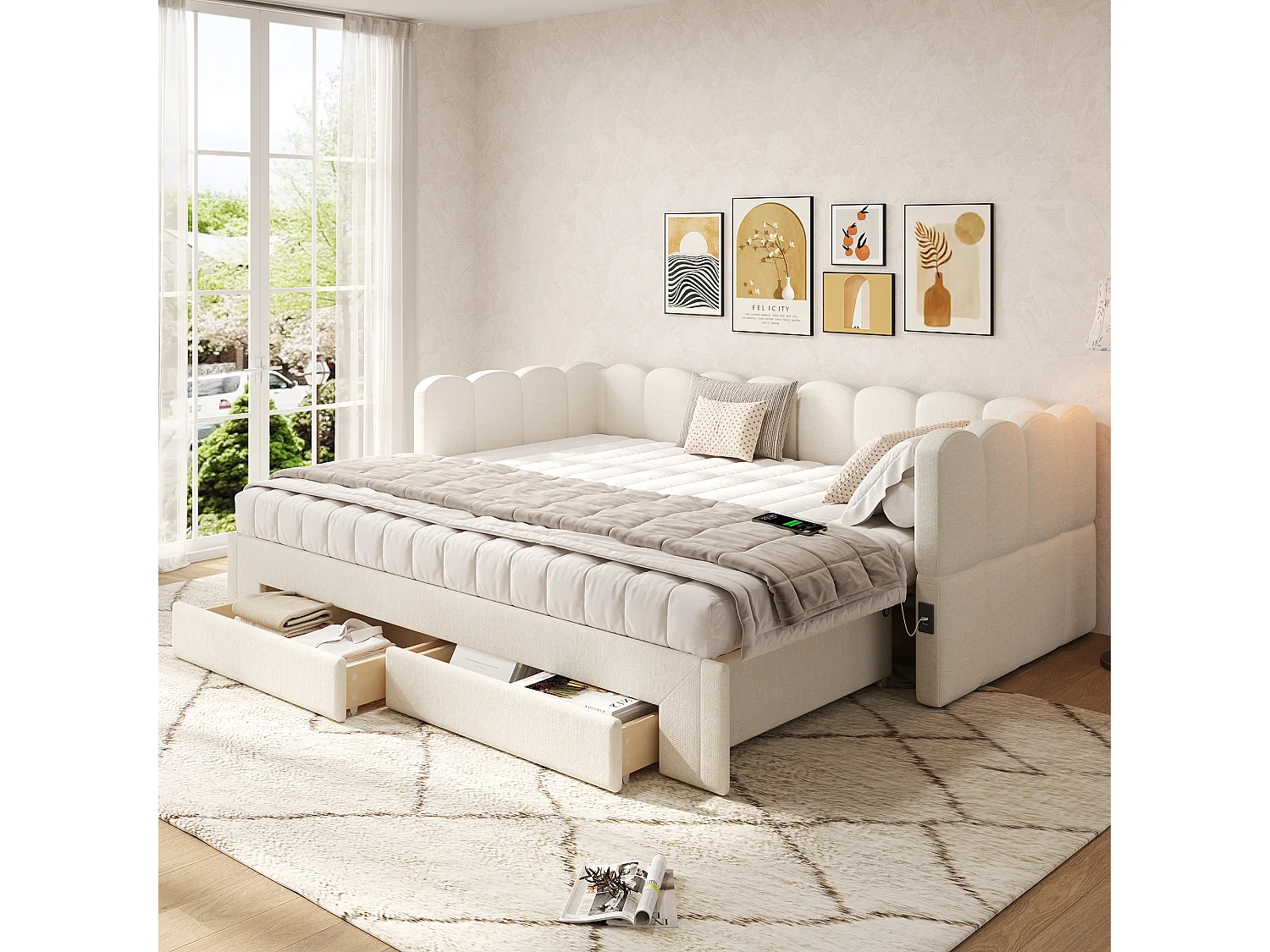 Canapé-lit capitonné pour enfant - 90/180 x 200 cm - avec 2 tiroirs + port USB - lin - beige