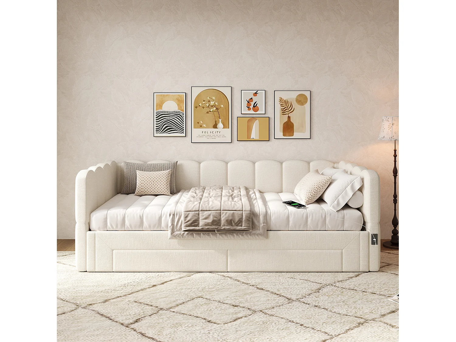 Canapé-lit capitonné pour enfant - 90/180 x 200 cm - avec 2 tiroirs + port USB - lin - beige