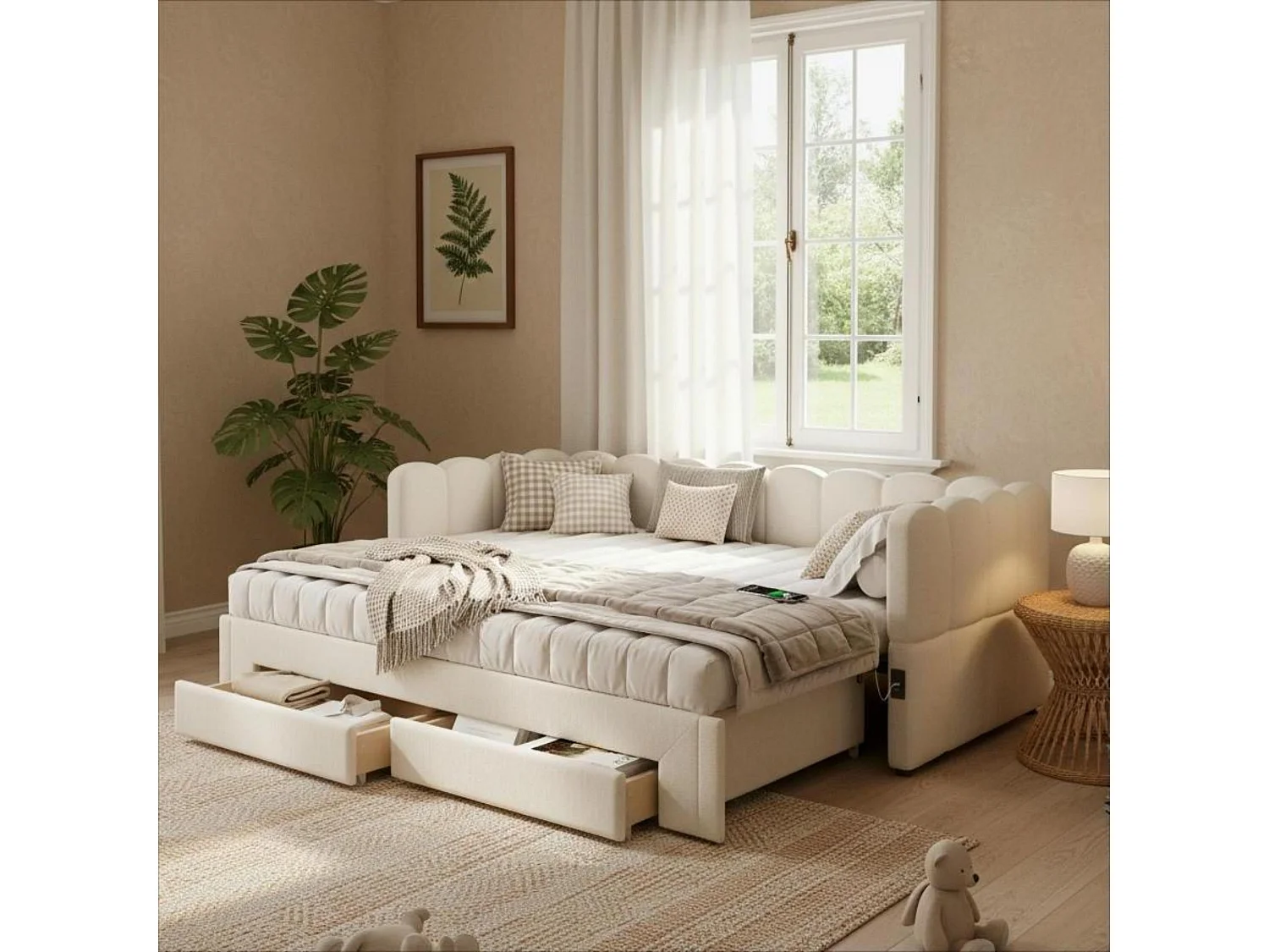 Canapé-lit capitonné pour enfant - 90/180 x 200 cm - avec 2 tiroirs + port USB - lin - beige