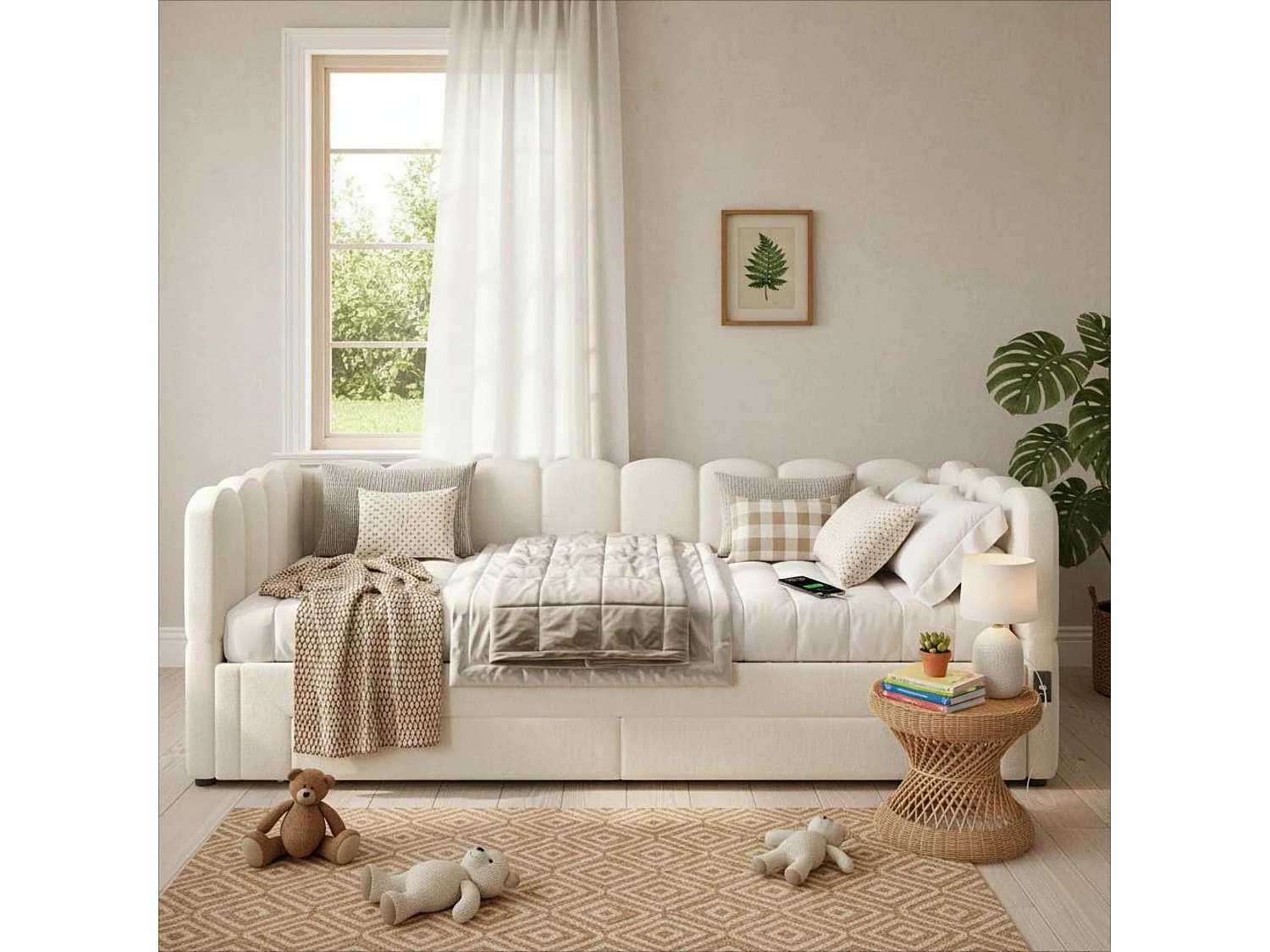 Canapé-lit capitonné pour enfant - 90/180 x 200 cm - avec 2 tiroirs + port USB - lin - beige