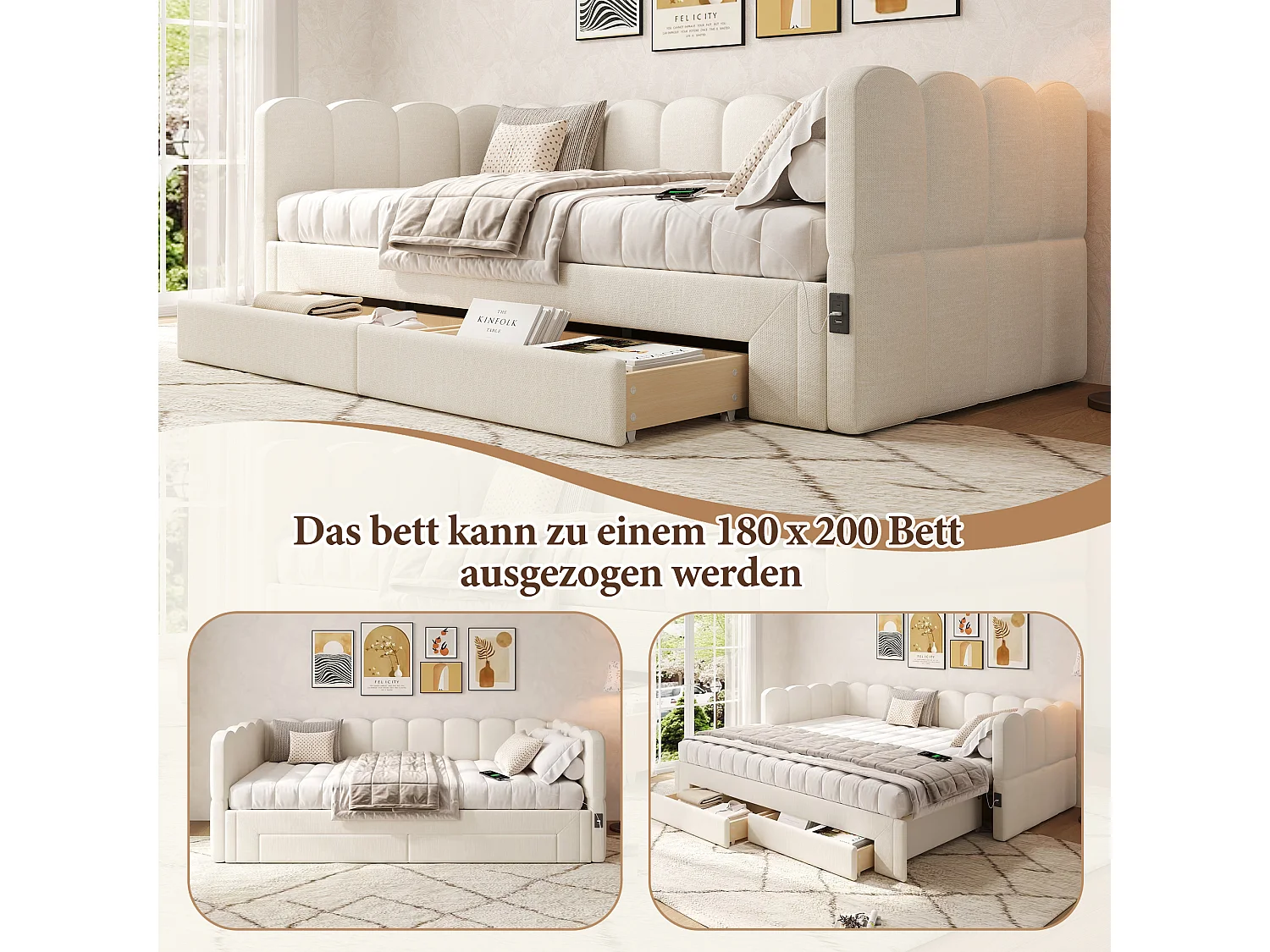 Canapé-lit capitonné pour enfant - 90/180 x 200 cm - avec 2 tiroirs + port USB - lin - beige