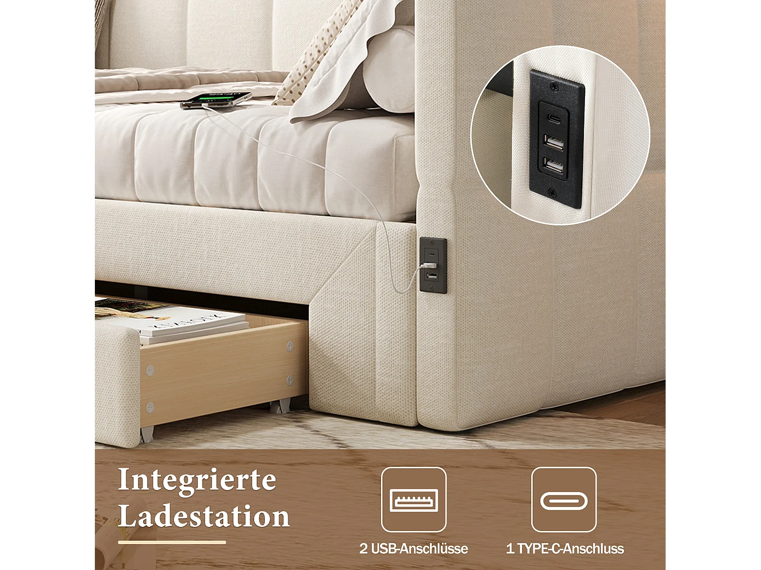 Canapé-lit capitonné pour enfant - 90/180 x 200 cm - avec 2 tiroirs + port USB - lin - beige