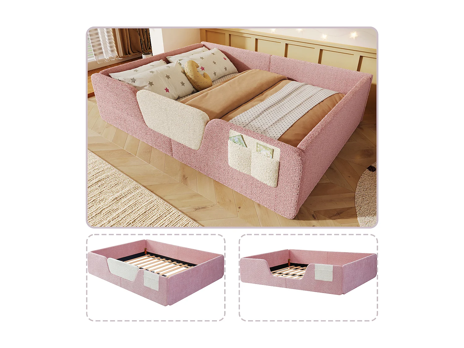 Lit capitonné pour enfant - 140 x 190 cm - avec barrières de sécurité amovibles + sac de rangement en tissu - velours - rose