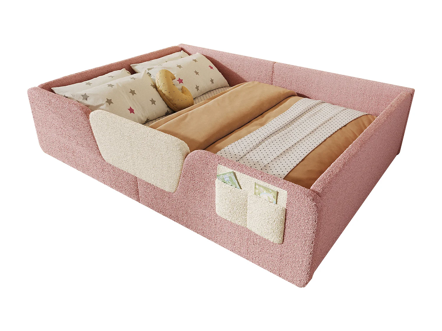 Lit capitonné pour enfant - 140 x 190 cm - avec barrières de sécurité amovibles + sac de rangement en tissu - velours - rose