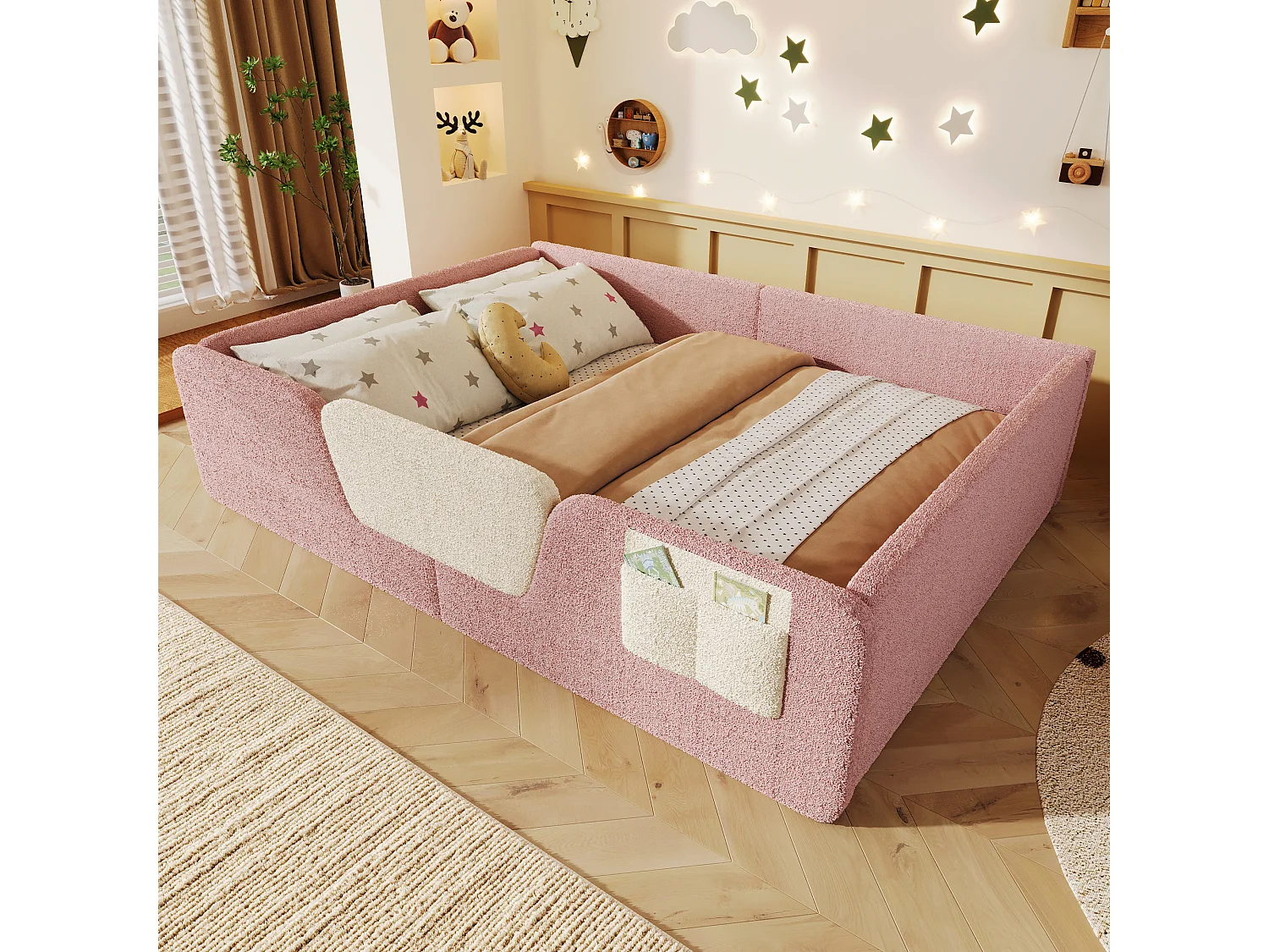 Gepolstertes Kinderbett – 140 x 190 cm – mit abnehmbaren Sicherheitsgittern + Aufbewahrungstasche aus Samt – rosa