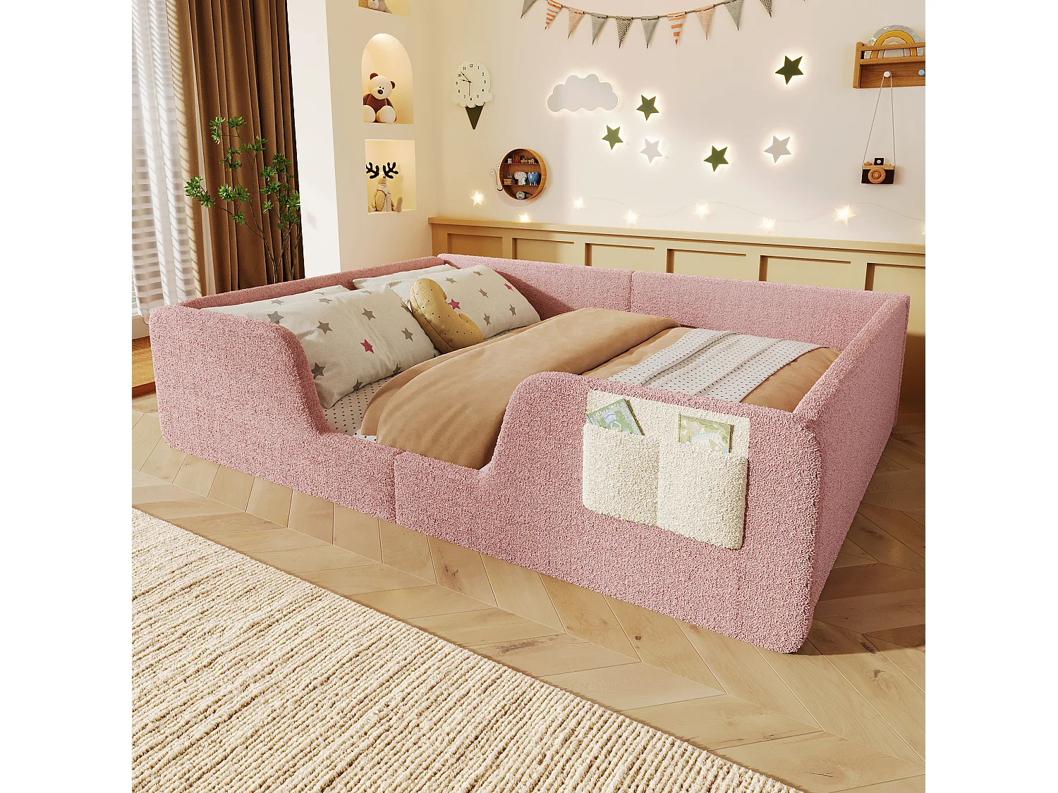 Gepolstertes Kinderbett – 140 x 190 cm – mit abnehmbaren Sicherheitsgittern + Aufbewahrungstasche aus Samt – rosa