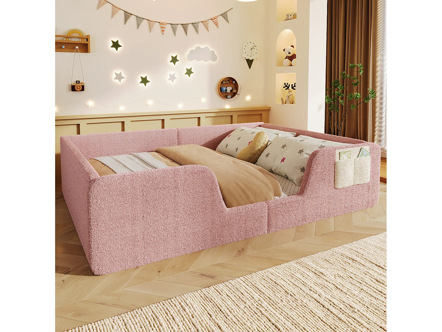 Gepolstertes Kinderbett – 140 x 190 cm – mit abnehmbaren Sicherheitsgittern + Aufbewahrungstasche aus Samt – rosa