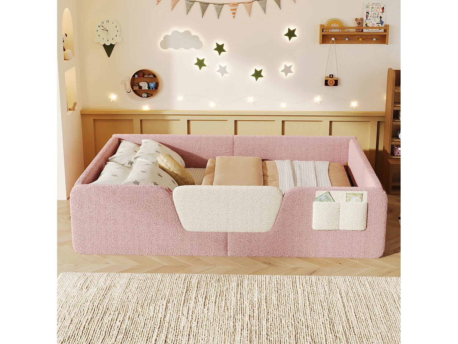 Gepolstertes Kinderbett – 140 x 190 cm – mit abnehmbaren Sicherheitsgittern + Aufbewahrungstasche aus Samt – rosa