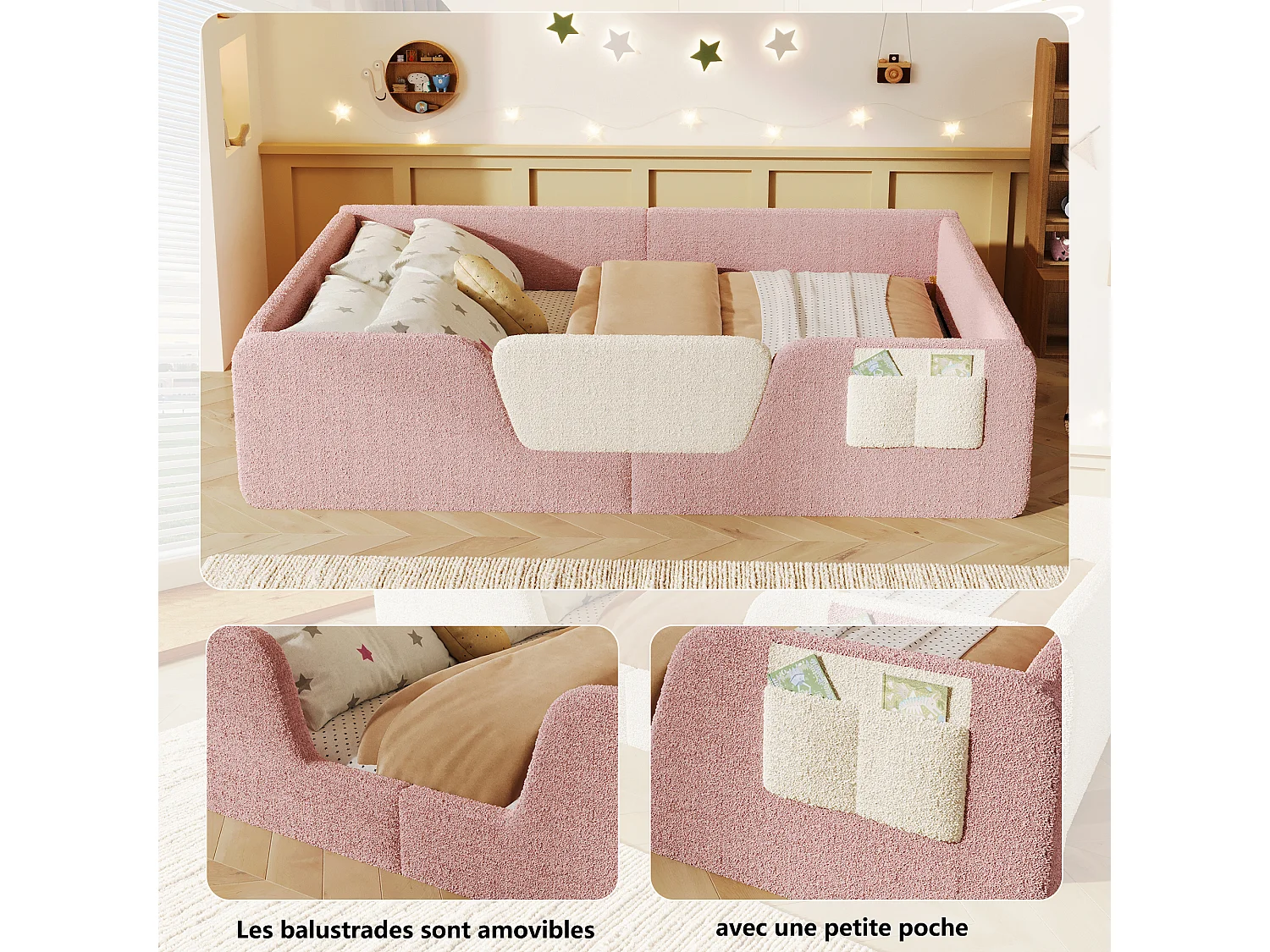 Gepolstertes Kinderbett – 140 x 190 cm – mit abnehmbaren Sicherheitsgittern + Aufbewahrungstasche aus Samt – rosa