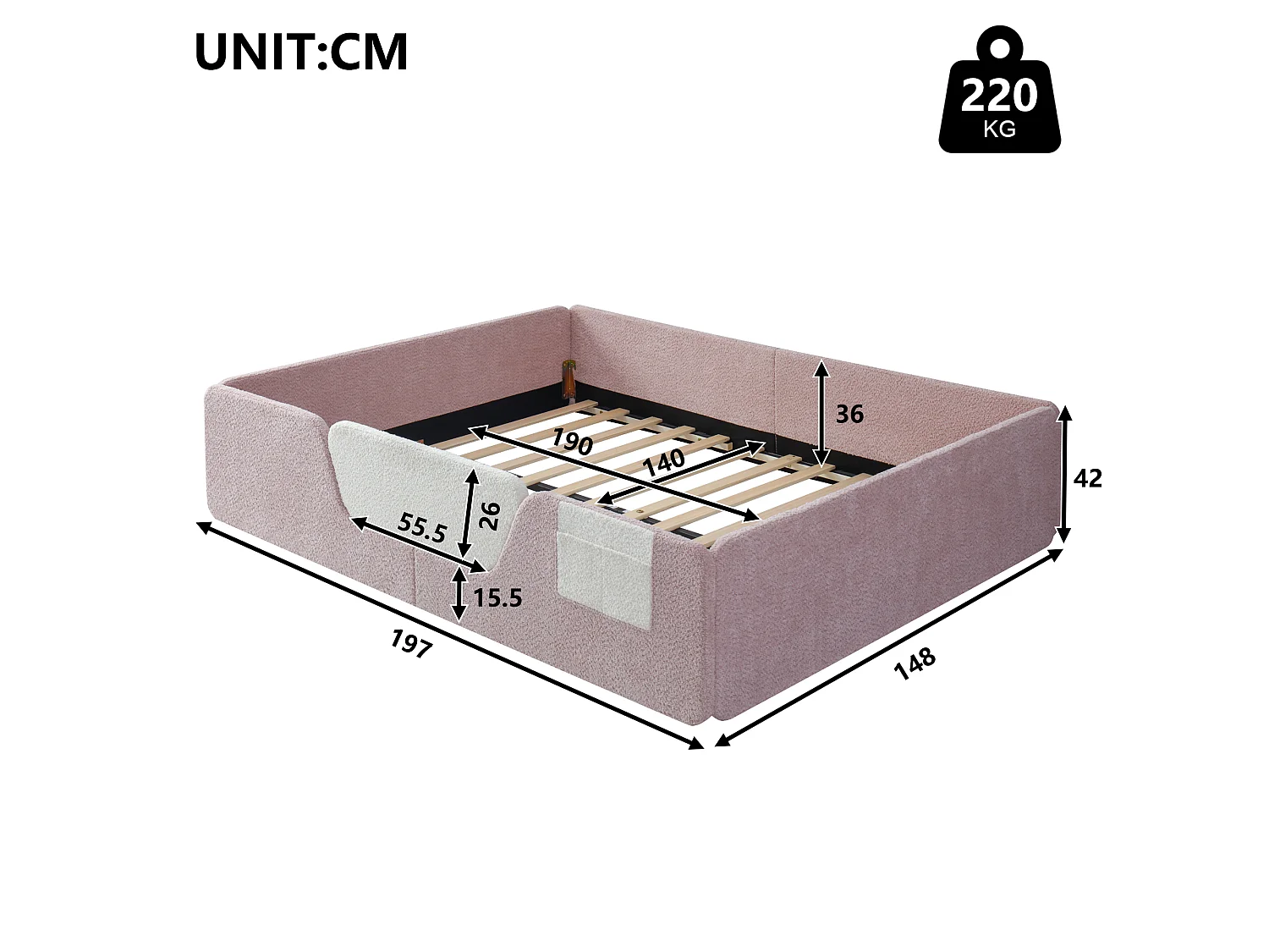 Gepolstertes Kinderbett – 140 x 190 cm – mit abnehmbaren Sicherheitsgittern + Aufbewahrungstasche aus Samt – rosa