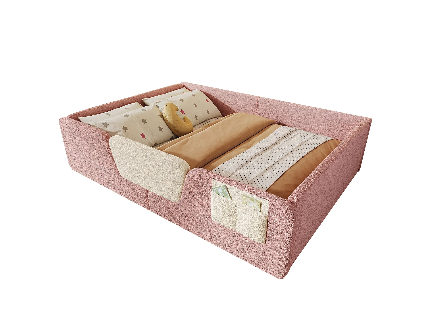 Gepolstertes Kinderbett – 140 x 190 cm – mit abnehmbaren Sicherheitsgittern + Aufbewahrungstasche aus Samt – rosa