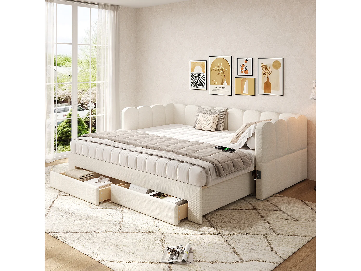 Sofá-cama estofado infantil - 90/180 x 190 cm - com 2 gavetas + porta USB - linho - bege