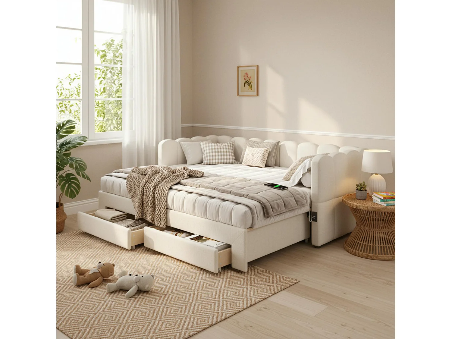 Sofá-cama estofado infantil - 90/180 x 190 cm - com 2 gavetas + porta USB - linho - bege