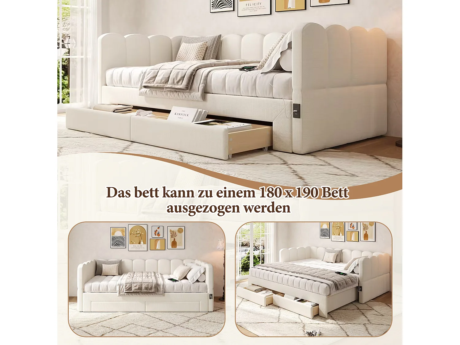 Sofá-cama estofado infantil - 90/180 x 190 cm - com 2 gavetas + porta USB - linho - bege