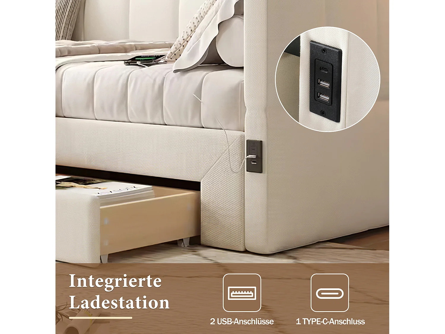 Sofá-cama estofado infantil - 90/180 x 190 cm - com 2 gavetas + porta USB - linho - bege