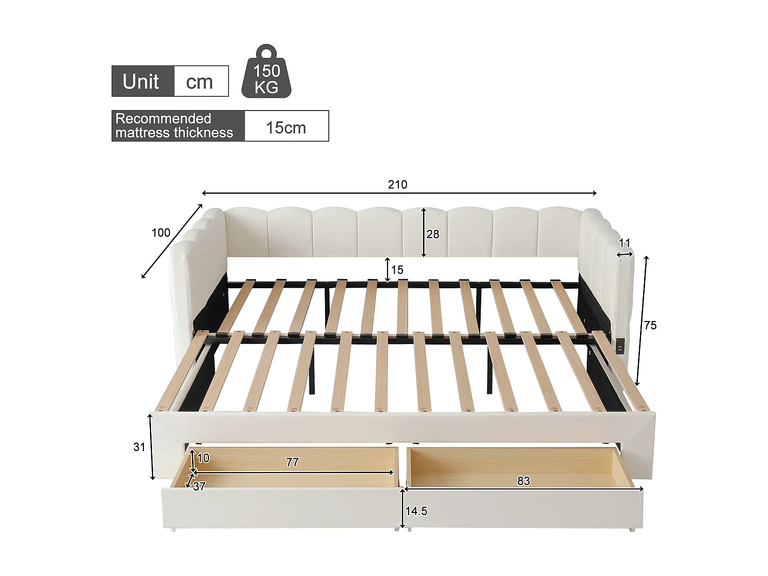 Sofá-cama estofado infantil - 90/180 x 190 cm - com 2 gavetas + porta USB - linho - bege