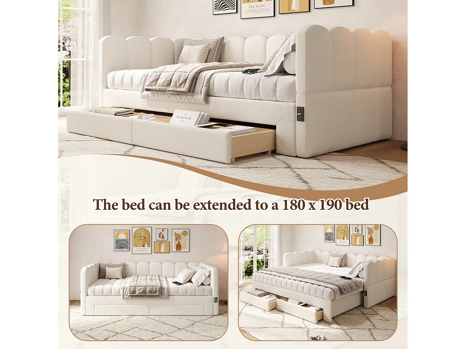 Sofá-cama estofado infantil - 90/180 x 190 cm - com 2 gavetas + porta USB - linho - bege